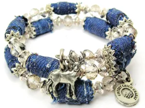 Adorable Deer Buck Blue Jean Beaded Wrap Bracelet