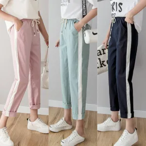 Cotton Linen Ankle Length Pants Women's Spring Summer Casual Trousers Pencil Casual Pants Striped Women's Trousers Green Pink