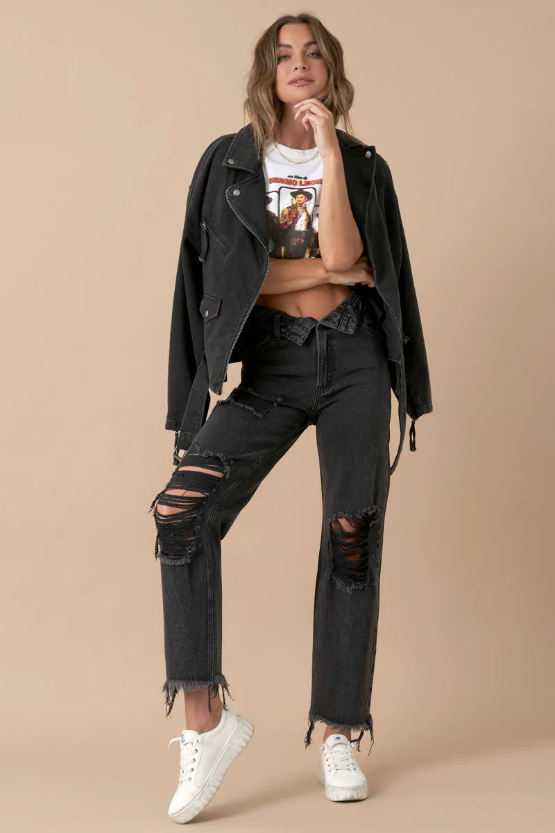 Flipped Waistband Straight Distressed Jeans