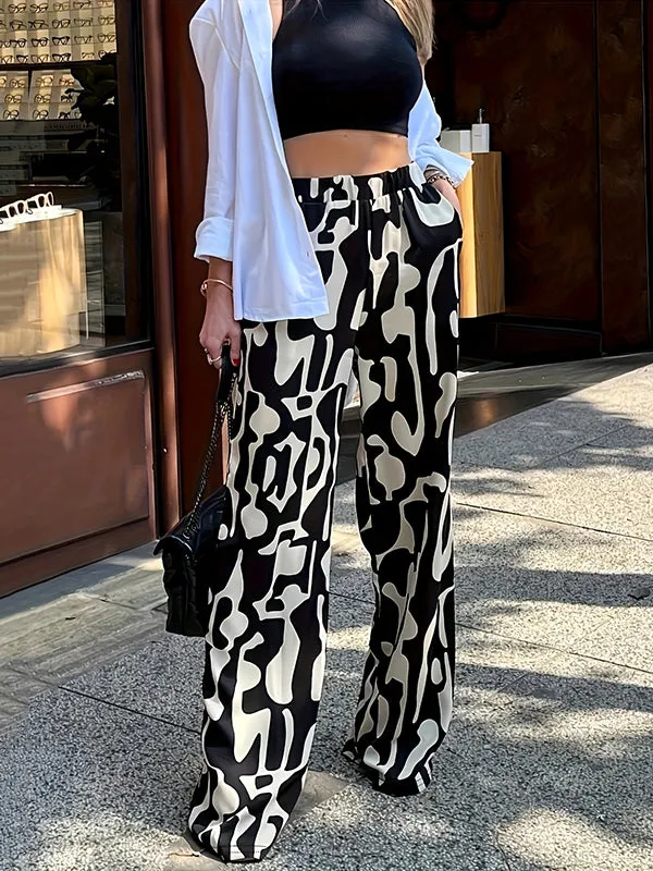 High Waisted Loose Contrast Color Elasticity Printed Split-Joint Pants Trousers