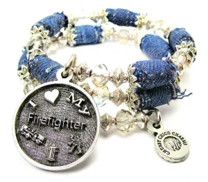 I Love My Firefighter Circle With Symbols Blue Jean Beaded Wrap Bracelet