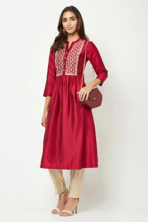 Magenta Embroidered Flared Kurta