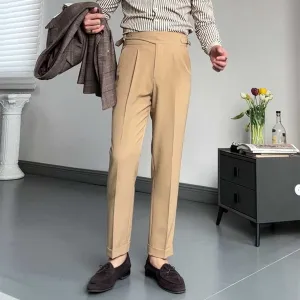 Men's British Retro Slim Fit Dress Pants Casual High Waisted Straight Trousers