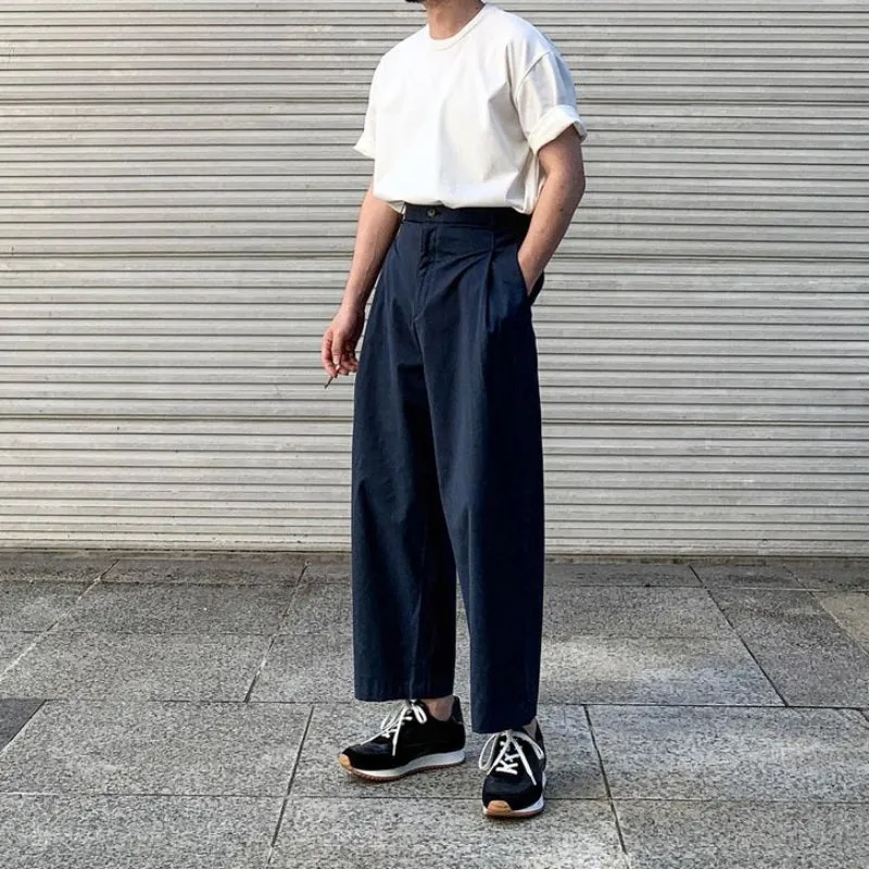 Men's High-waist Pleated Straight Leg Dark Blue Cropped Casual Pants