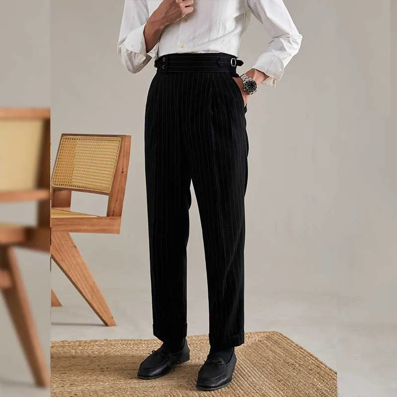 Men's High Waisted Pants Double-button Striped Casual Trousers