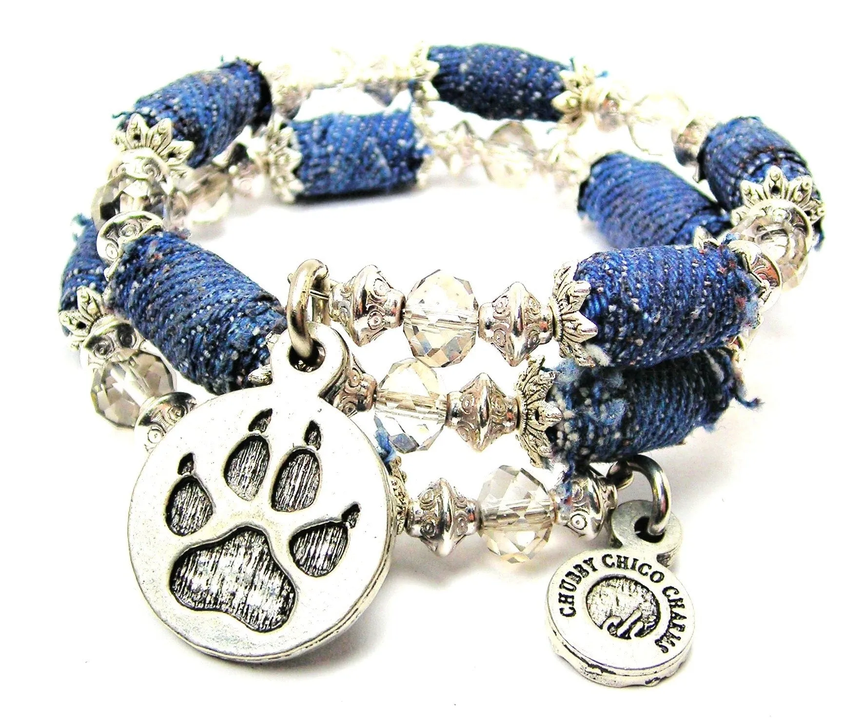 Paw Print With Nails Circle Blue Jean Beaded Wrap Bracelet