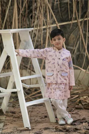 Peach Animal Print Bandi Kurta and Off-White Pants Set for Boys