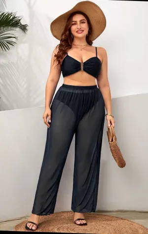 Plus Size Black Mesh Sheer Ruched High Waist Flow Elastic Waist Wide Leg Beach Swimwear Cover Up Pants