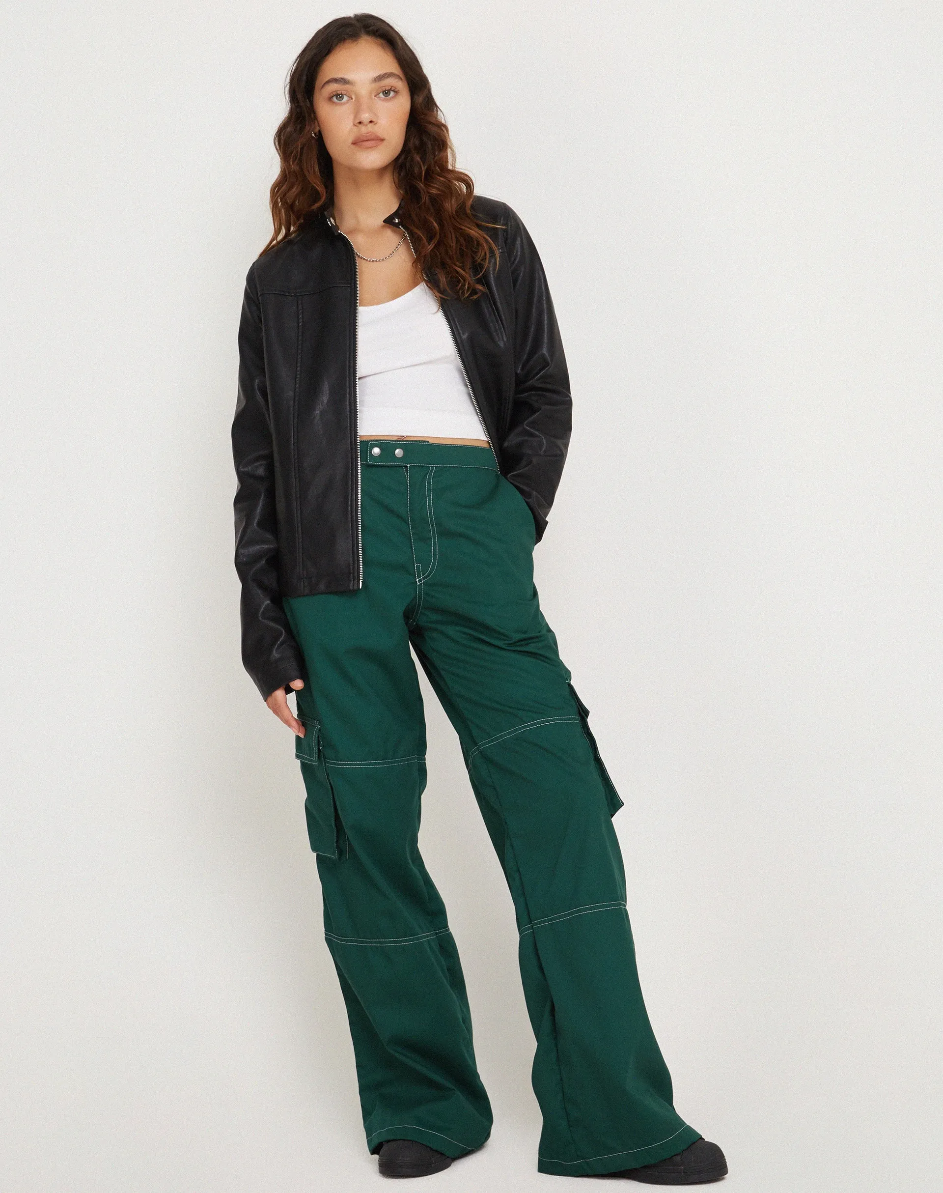 Saul Wide Leg Cargo Trouser in Bottle Green with White Stitching